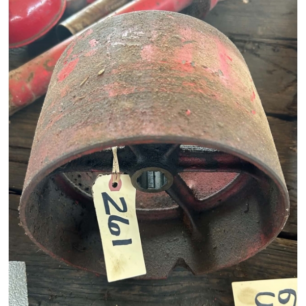 Vintage Red Cast Iron Tractor Belt Pulley with Splined Hub