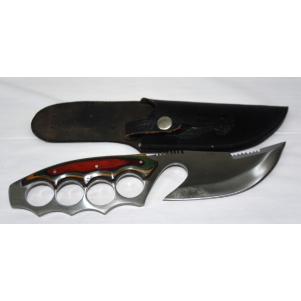 Wood Handle Serrated Fixed Blade Knife W/ Sheath