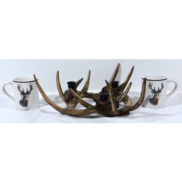 Antler Candle Holder & 2 Deer Coffee Mugs 