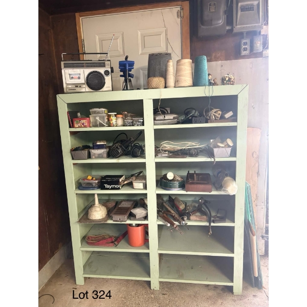 Shelving Unit, Vintage Sanyo Radio, Tools, Hardware & Assorted Supplies 