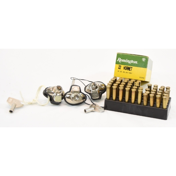 Box Lot 3 Trigger Locks & 27 Rounds/19 Pieces .22 Hornet Ammunition & Shot Brass