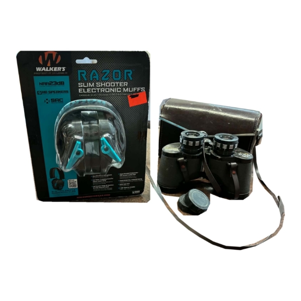 Walker’s Razor Slim Shooter Electronic Muffs (New) + Skyline 7x35 Binoculars with Case