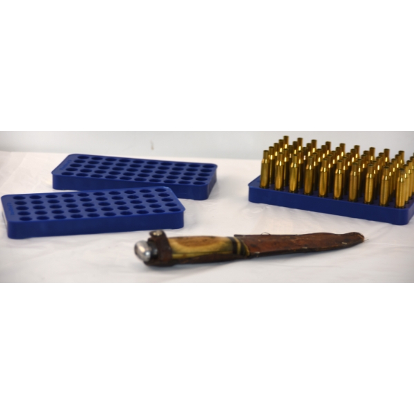 Box Lot Brass, Hunting Knife & Reloading Trays