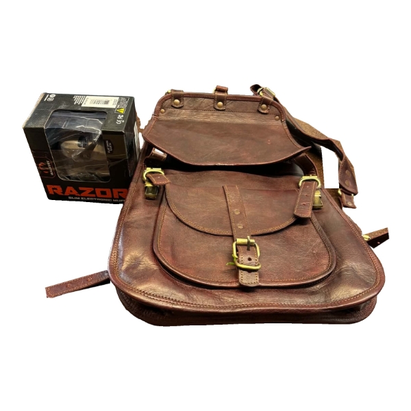 Brown Leather Messenger / Satchel Bag with Brass Buckles + Walker’s Razor Slim Muffs