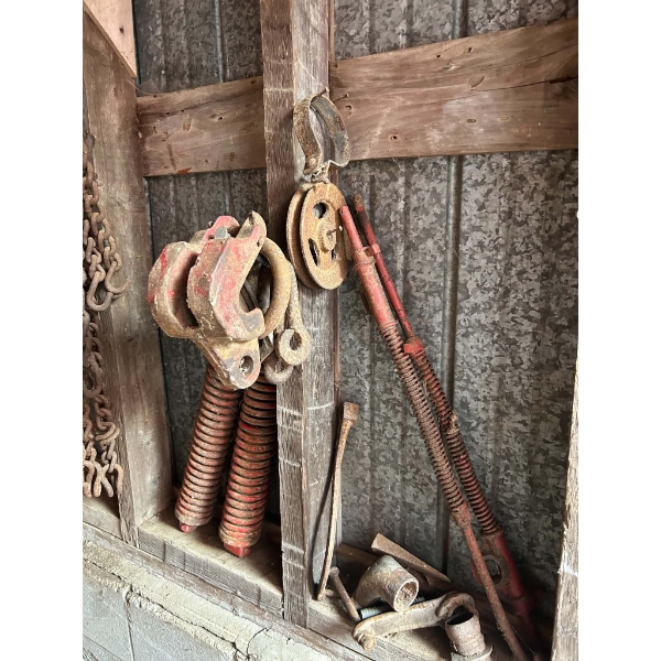 Barn Wall Lot: Heavy Chains, (2) Red Spring Shank Assemblies, (2) Spring Rods, Barn Pulley & Parts