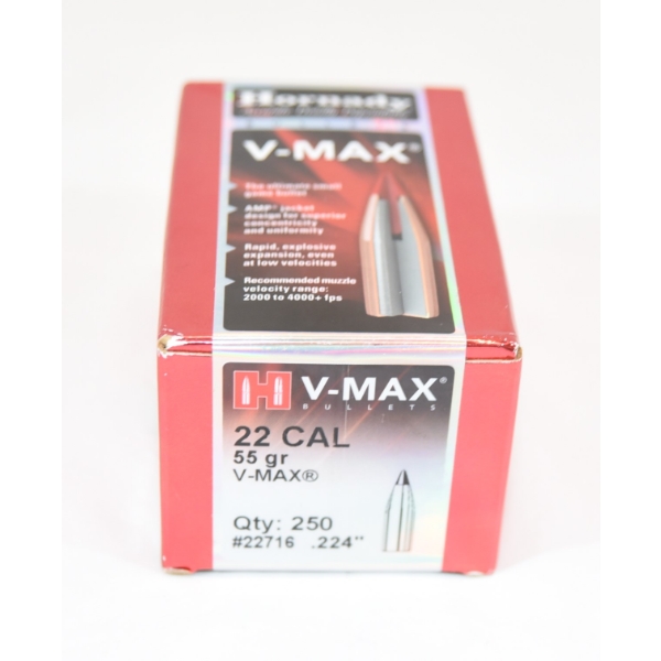 250 Pieces Hornady V-Max 22 Cal. 55gr, .224" Bullets