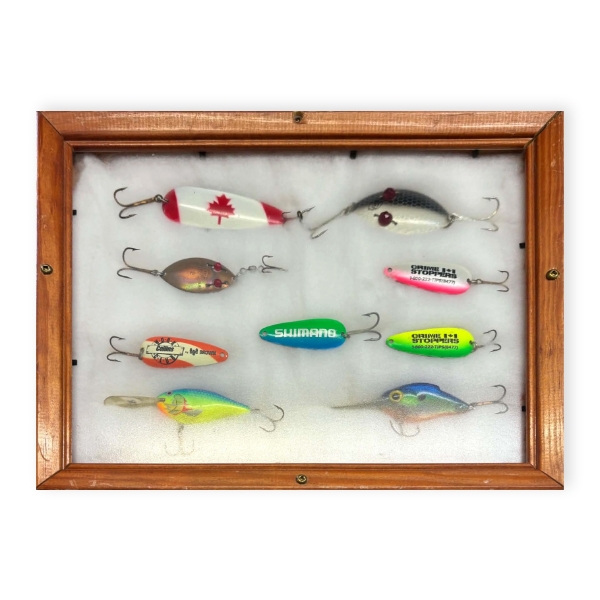 Framed Fishing Lure Display, 9 Lures incl. Canada Flag, Shimano & Crime Stoppers Spoons