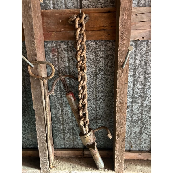 Vintage Farm Lot: Heavy Chain, Spring-Loaded Pipe Tool & Iron Hook Rod