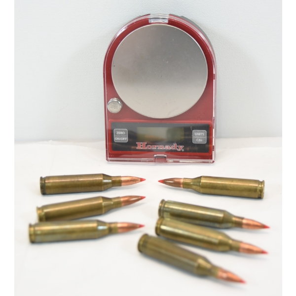 Box Lot 7 Rounds Assorted Brands .243 Win Caliber Ammunition & Hornady Weigh Scale