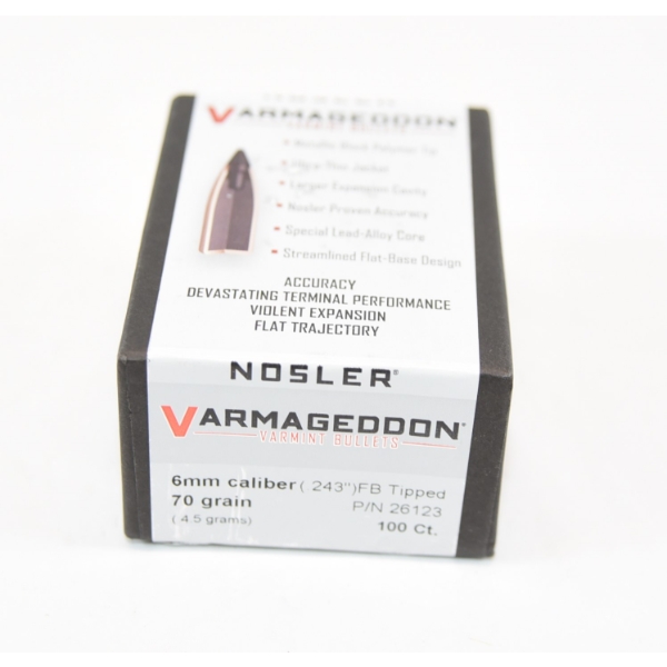 100 Pieces Nosler Varmageddon 6mm 70 Grain FB Tipped Bullets
