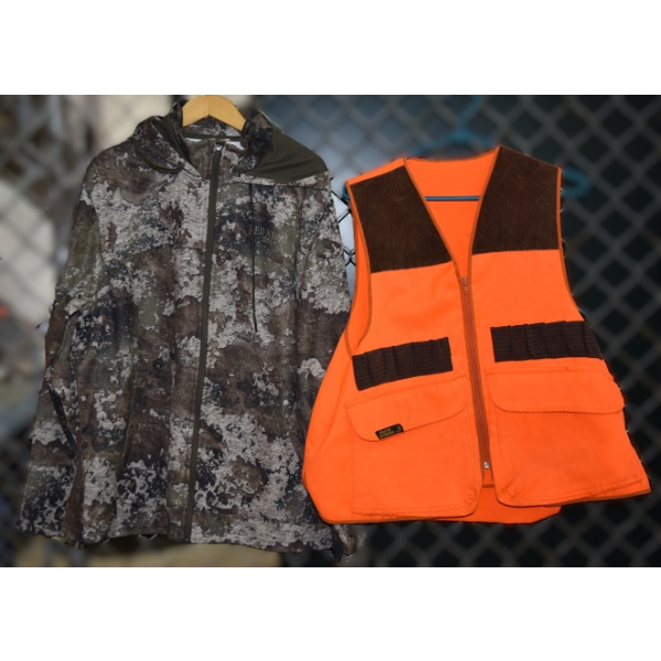 Golden Retriever Orange Blazer Vest & Cabela's Camo Hoodie