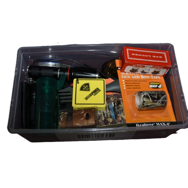 Box Lot Various Knives, Lights, Camo Face Paint, Playing Cards, Sunglasses