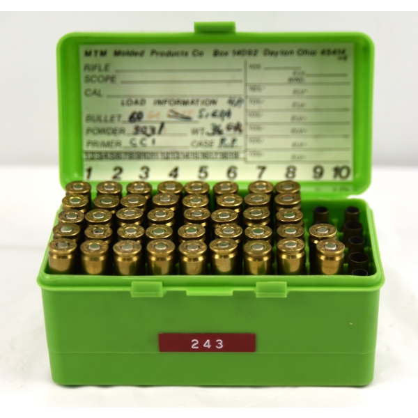42 Rounds Mixed 243 Caliber Ammunition & 8 Pieces Mixed 243 Caliber Shotbrass