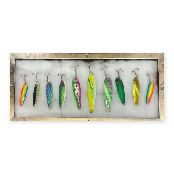 Framed Trolling Spoon Display, 10 Salmon/Trout Spoons, Metal Frame