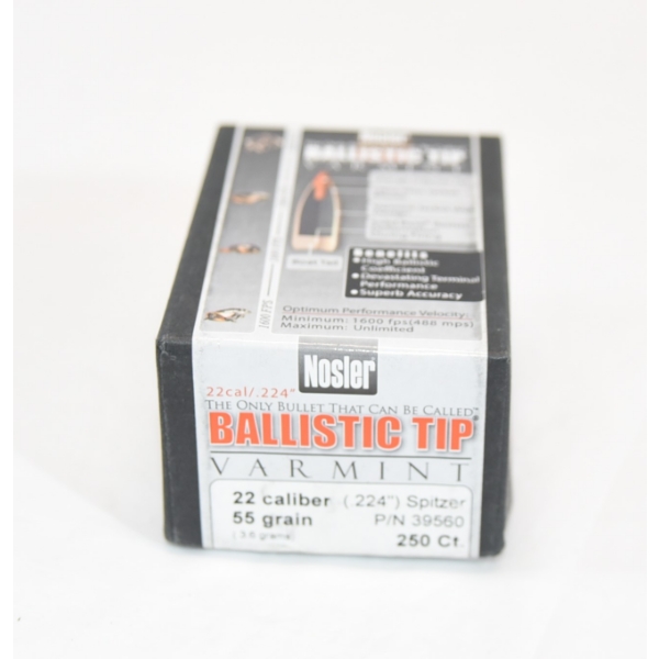 250 Pieces Nosler Ballistic Tip Varmint 22 CAL (.224") 55gr Spitzer Bullets