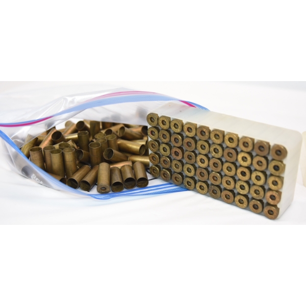 140 Pieces Assorted Brands .45 Caliber Unprimed Brass & Ammunition Box