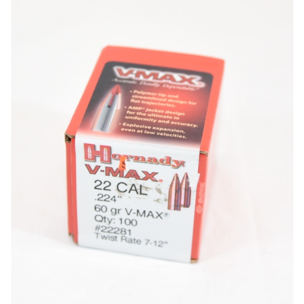 100 Pieces Hornady V-Max 22 CAL (.224") 60gr Bullets 