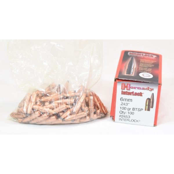 100 Pieces Hornady InterLock 6mm .243" 100gr BTSP Bullets