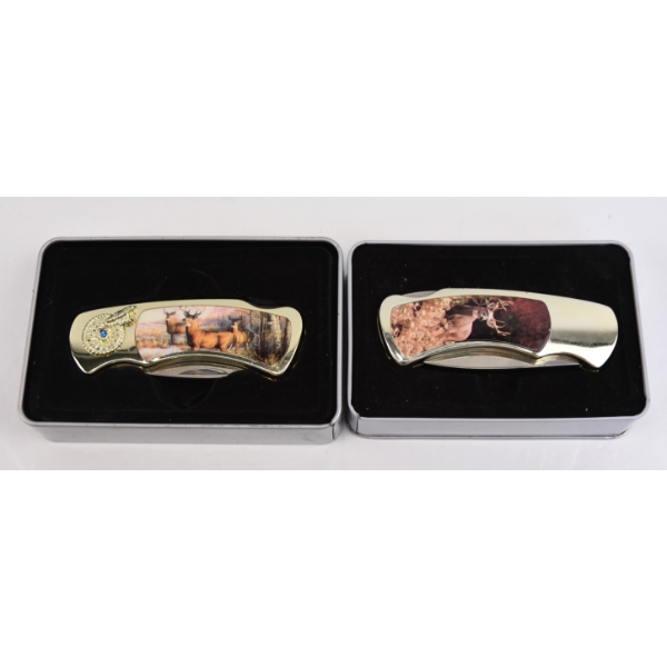 2 Deer Folding Knives In A Tin Case