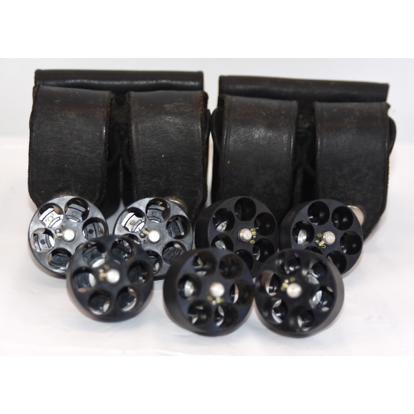 Box Lot 7 Revolver Speed Loaders & A Pair Of Leather Speed Loader Belt Pouches