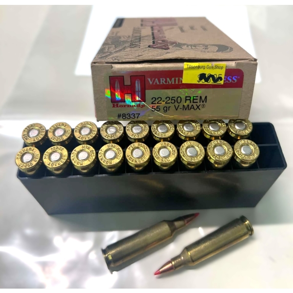 20 Rounds Hornady Varmint 22-250 Rem 55gr. V-Max Ammunition