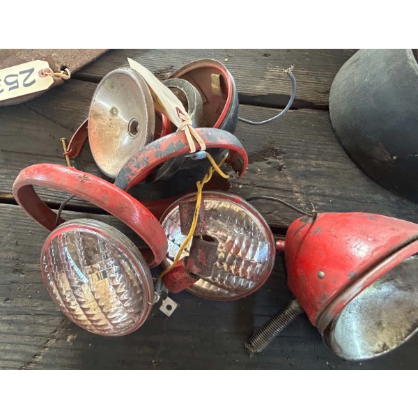 Vintage Red Tractor Light Lot: Sealed-Beam Lamps, Housings, Reflectors & Trim Rings