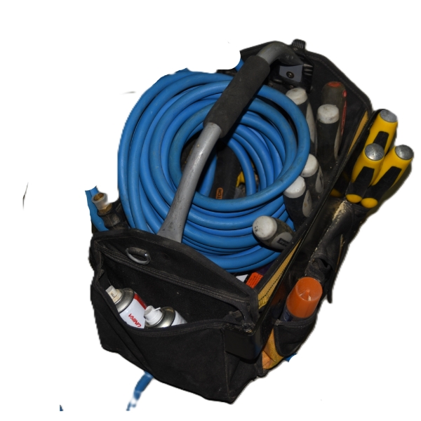 Level Holder Tool Bag with Assorted Screwdrivers & Air Compressor Hose 