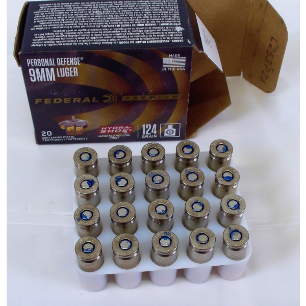 20 Rounds Federal Premium 9mm 124gr Hydra-Shok HP Ammunition 