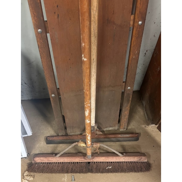Vintage Wooden Mechanic's Creeper w/ Red Headrest + Shop Push Broom & Floor Squeegee