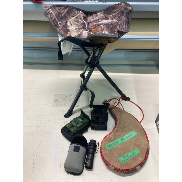Box Lot Assorted Binoculars Folding Stool & Water Flask