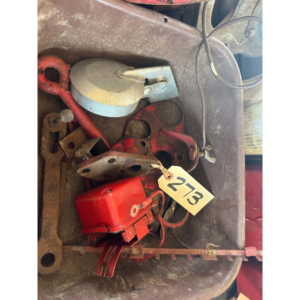 Box Lot of Vintage Red Tractor Parts: Voltage Regulator, Galvanized Rain Cap, Brackets, Wrench & Mor
