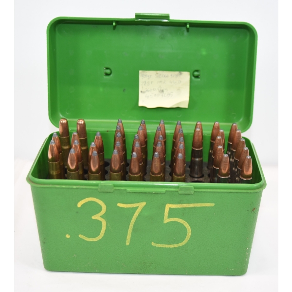 42 Rounds Assorted Brands .375 H&H Magnum Caliber Reloaded Ammunition In Plastic Container
