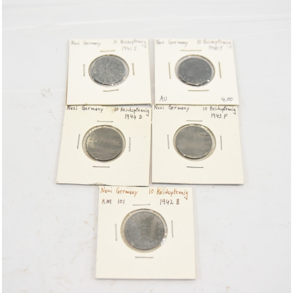 5 Nazi Germany WW II 10 Reichspfenning Coins 1940, 1941, 1942, 1943, 1944