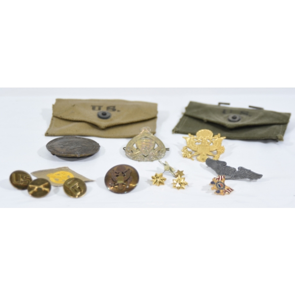 Box Lot US Military Pouches  & Misc. Military Badges & Belt Buckle