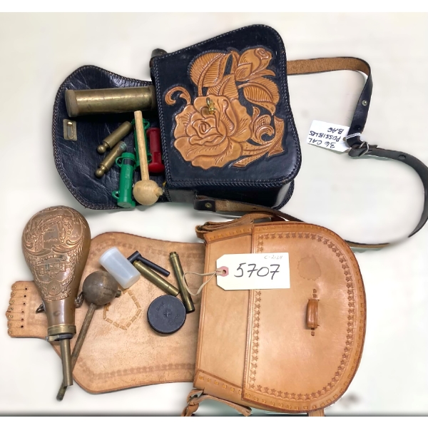 Box Lot Black Powder Reloading Items In Leather Bags
