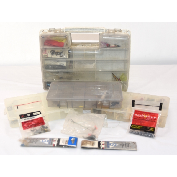 Box Lot of Misc Fishing Lures Includes 3 Small compartment Cases and A 2 Sided Carrying Case 