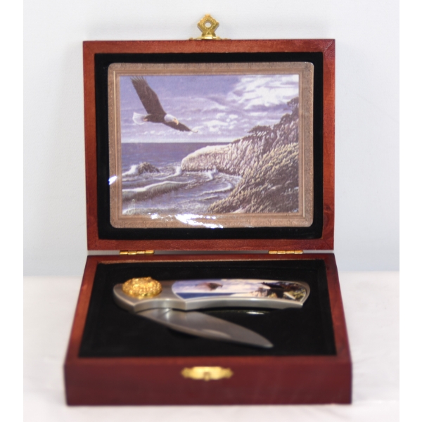 Collectible Eagle Head Folding  Knife In Wooden Display Case