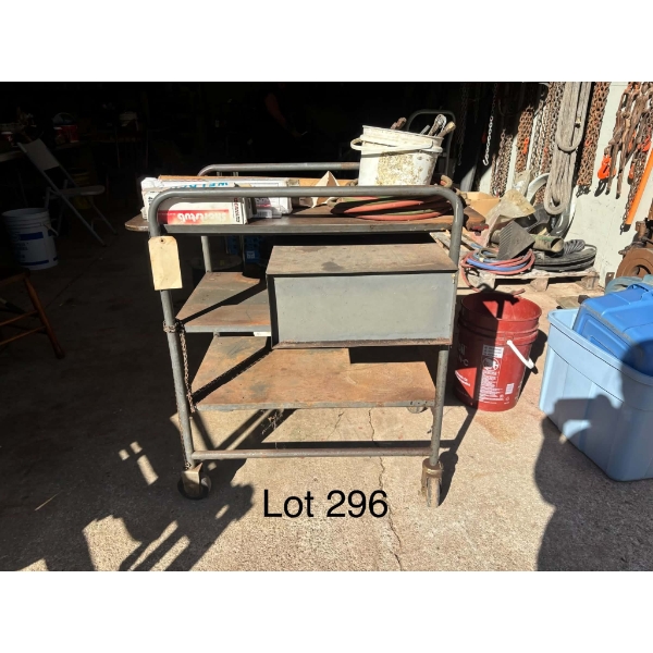 vintage industrial Metal Rolling Cart with Assorted Contents 