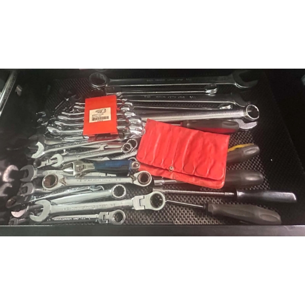 Assorted Combination, Ratcheting & Flare Nut Wrenches with Hand Tools