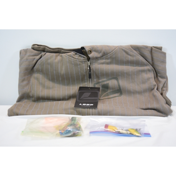 Box Lot Vintage Ok-Doke Fishing Lure, Crank Baits & New Loop Fishing Hoodie Size XL