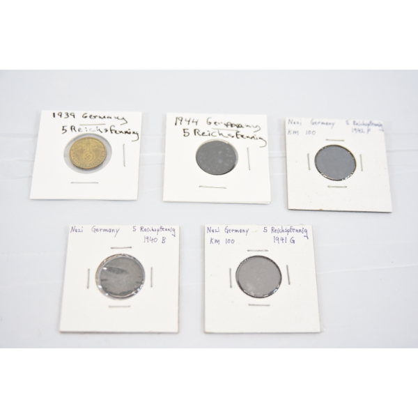 5 Nazi Germany WW II 5 Reichspfenning Coins 1939, 1940, 1941, 1942, 1944