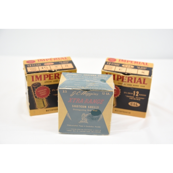 Box Lot 45 Rounds Imperial 12 Gauge Ammunition & JC Higgins Collector Ammunition Box