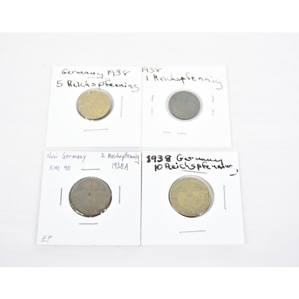 4 1938 Eagle Swastika German coins 1, 2, 5, 10 Reichspfenning