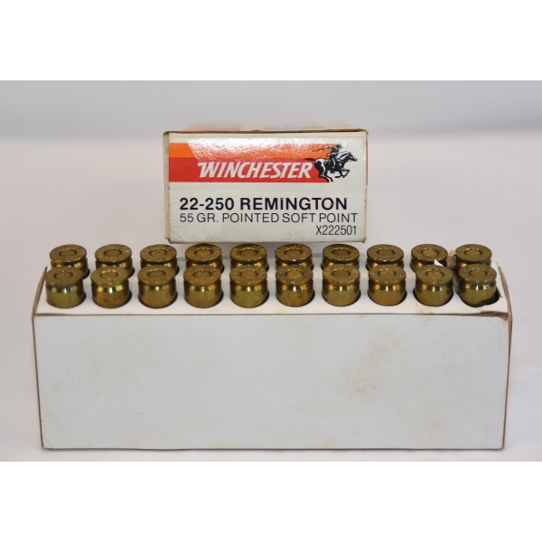 20 Rounds Winchester 22-250 Remington 55gr. Pointed SP Ammunition