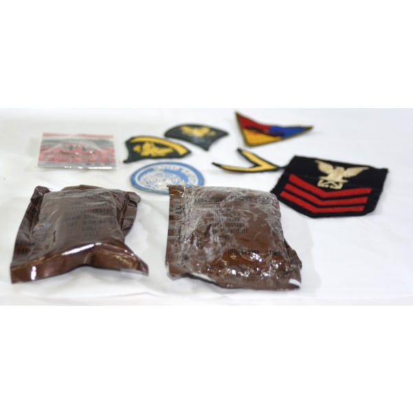 Box Lot Military Accessory Packets & Assorted Military Patches And Pins 