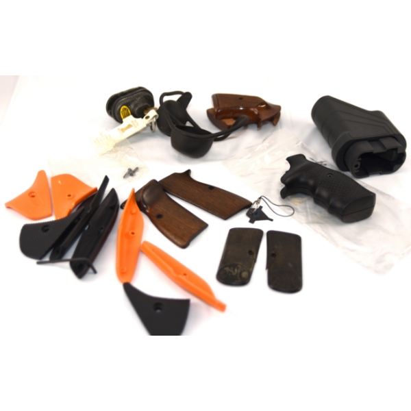 Box Lot Of Assorted Handgun Grips & Magazine Loader