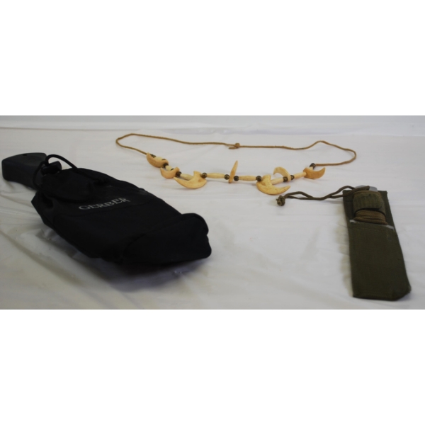 Gerber Shovel, Knife W/ Sheath & Animal Necklace