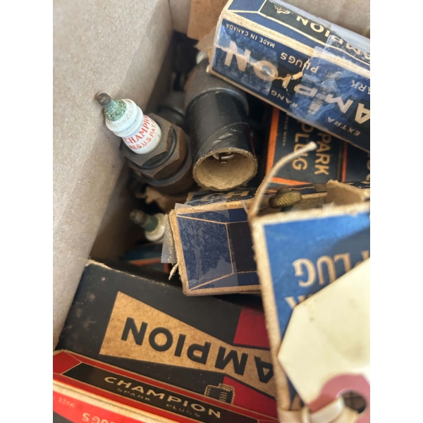 Box Lot of Vintage Champion & AC Spark Plugs in Original Boxes, Plus Loose Antique Plugs