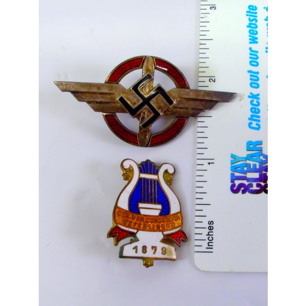 1 German WW II Air Sport (D.L.V.)  Members badge & 1- 1879 Concordia Harp Badges 