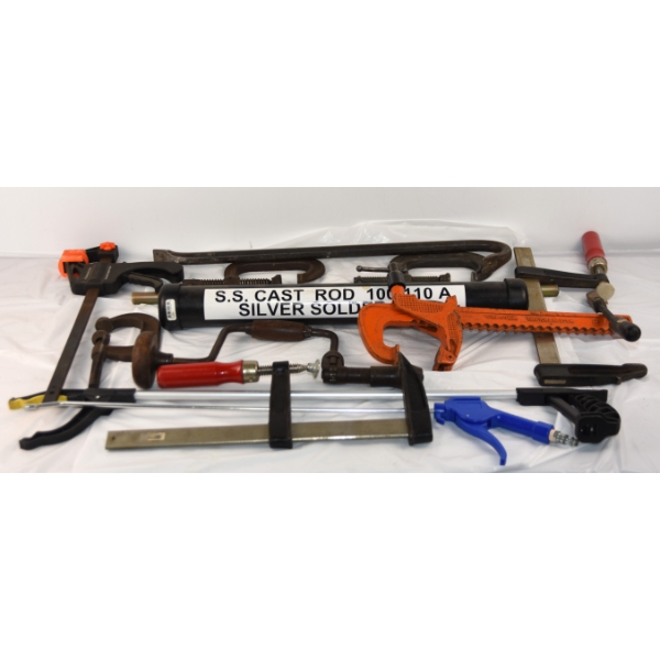Box Lot Assorted Tools Metal Hardware Clamps & Shop Accessories 